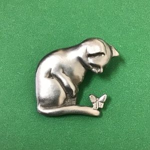 Vintage Pewter Cat with Butterfly Brooch Pin